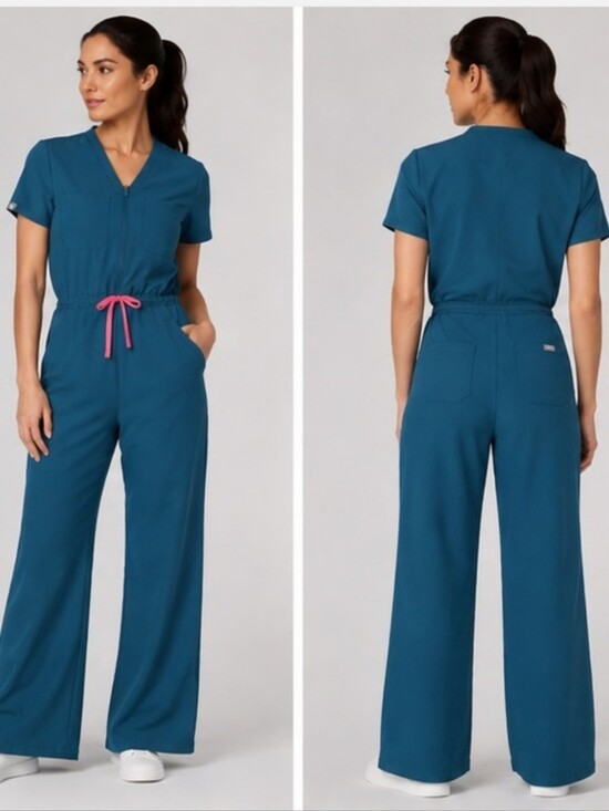 Figs Pants - Figs Scrubs Jumpsuit Blue Rafaela Wide Leg Teal Pink Drawstring Medium